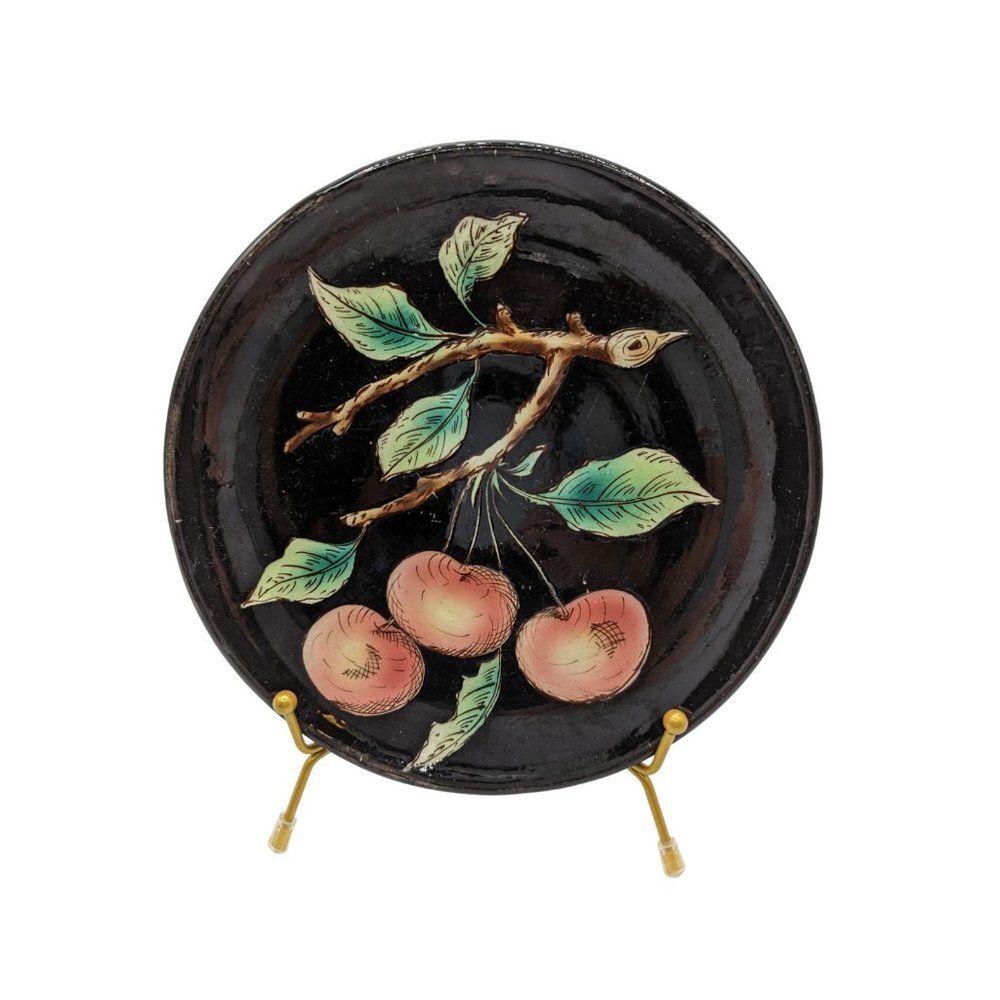 Vintage Italian Decorative Hand Painted  Apples On Branch Black Plate 7 5/8 In